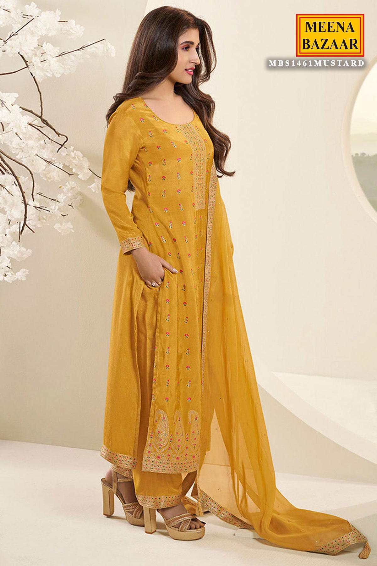 Mustard Muslin Jacquard Weaving Suit Set