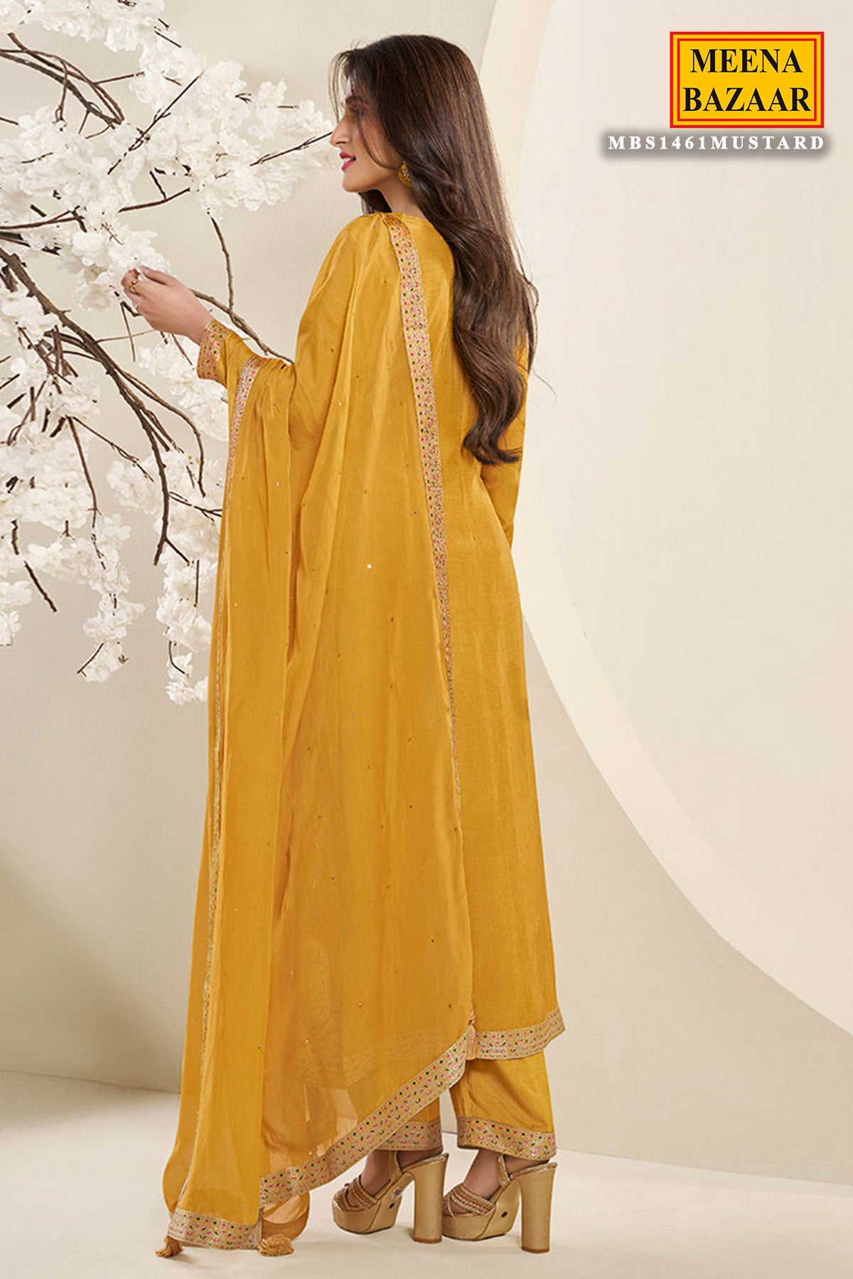 Mustard Muslin Jacquard Weaving Suit Set