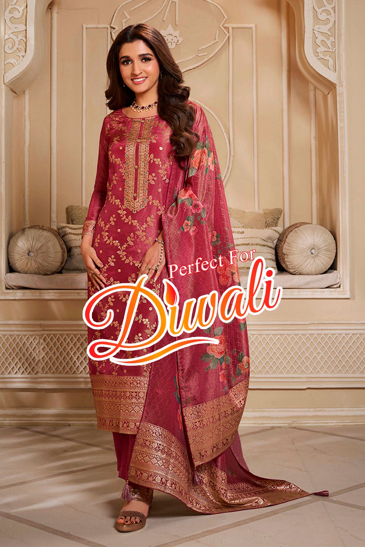 Cardinal Red Tissue Floral Jacquard Weaving Suit Set