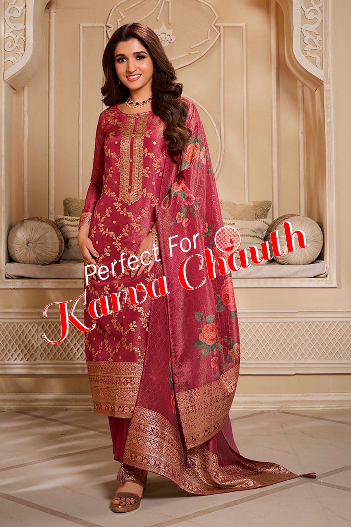 Cardinal Red Tissue Floral Jacquard Weaving Suit Set