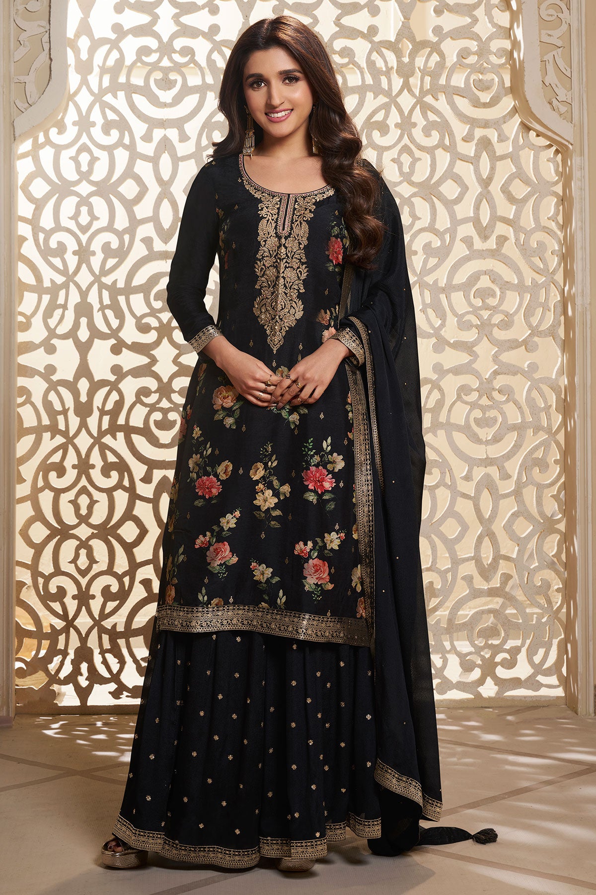 Black Dola Silk Zari Embroidered Floral Printed Suit Set