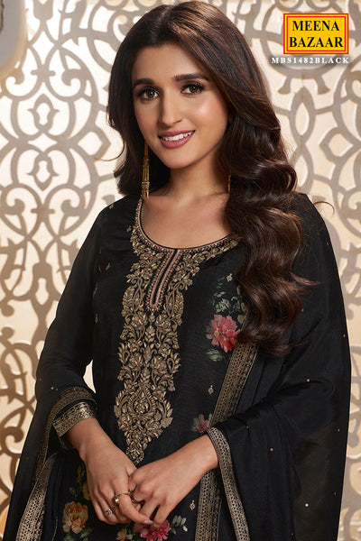 Black Dola Silk Zari Embroidered Floral Printed Suit Set