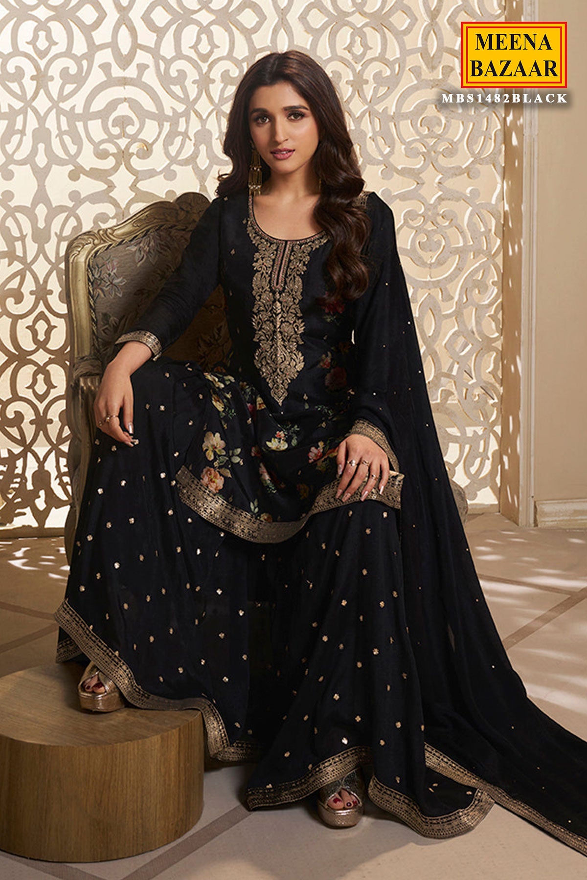 Black Dola Silk Zari Embroidered Floral Printed Suit Set