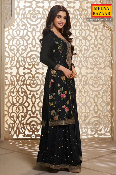 Black Dola Silk Zari Embroidered Floral Printed Suit Set