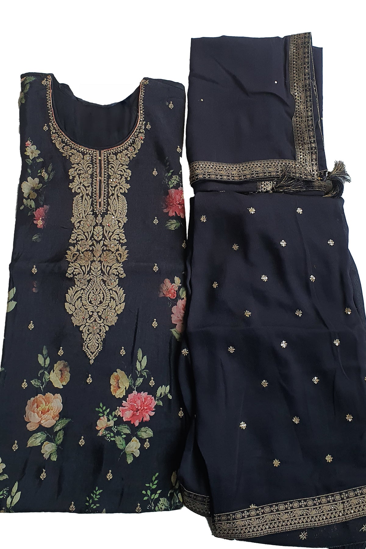 Black Dola Silk Zari Embroidered Floral Printed Suit Set