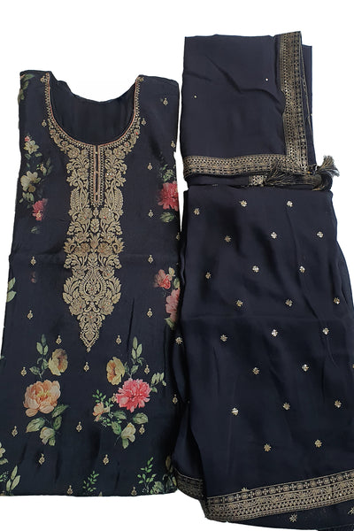 Black Dola Silk Zari Embroidered Floral Printed Suit Set