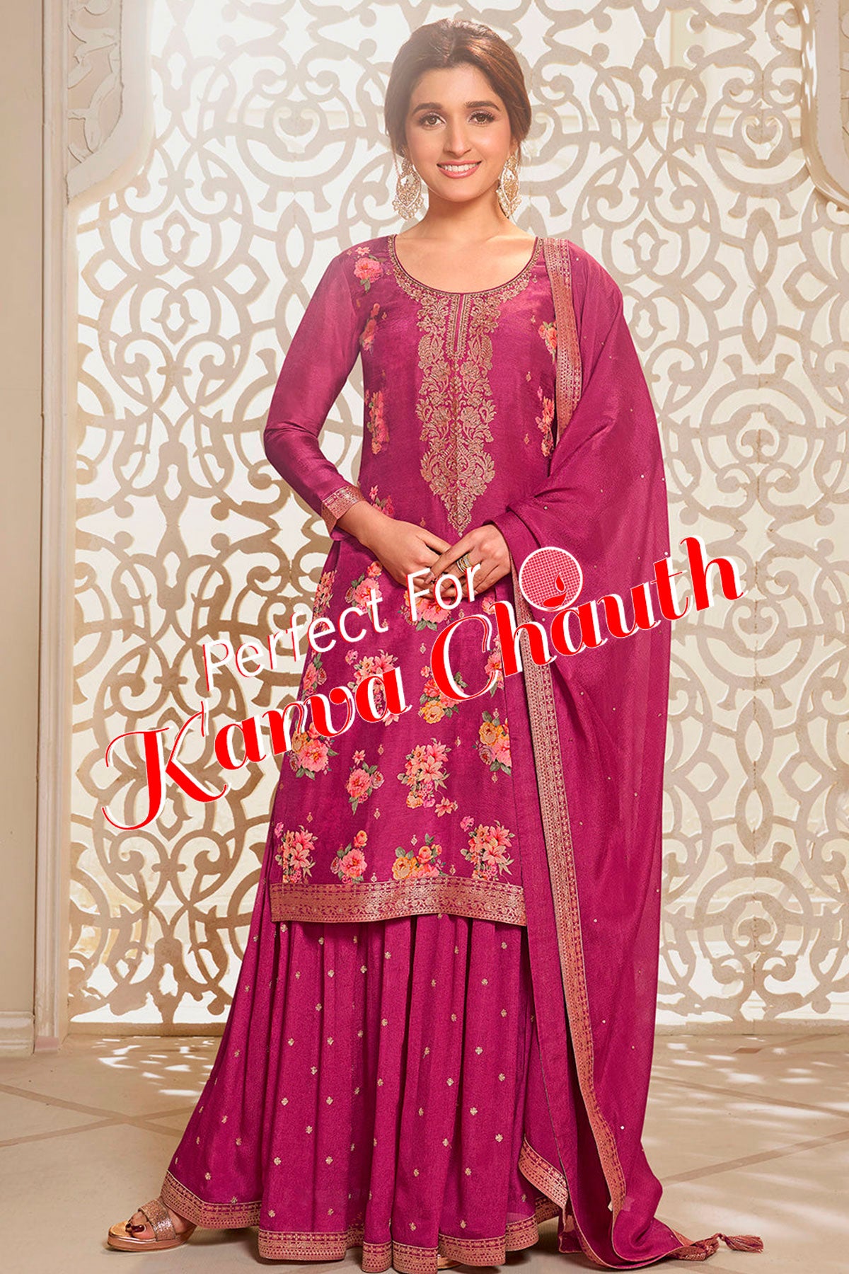 Hot Pink Dola Silk Zari Embroidered Floral Printed Suit Set