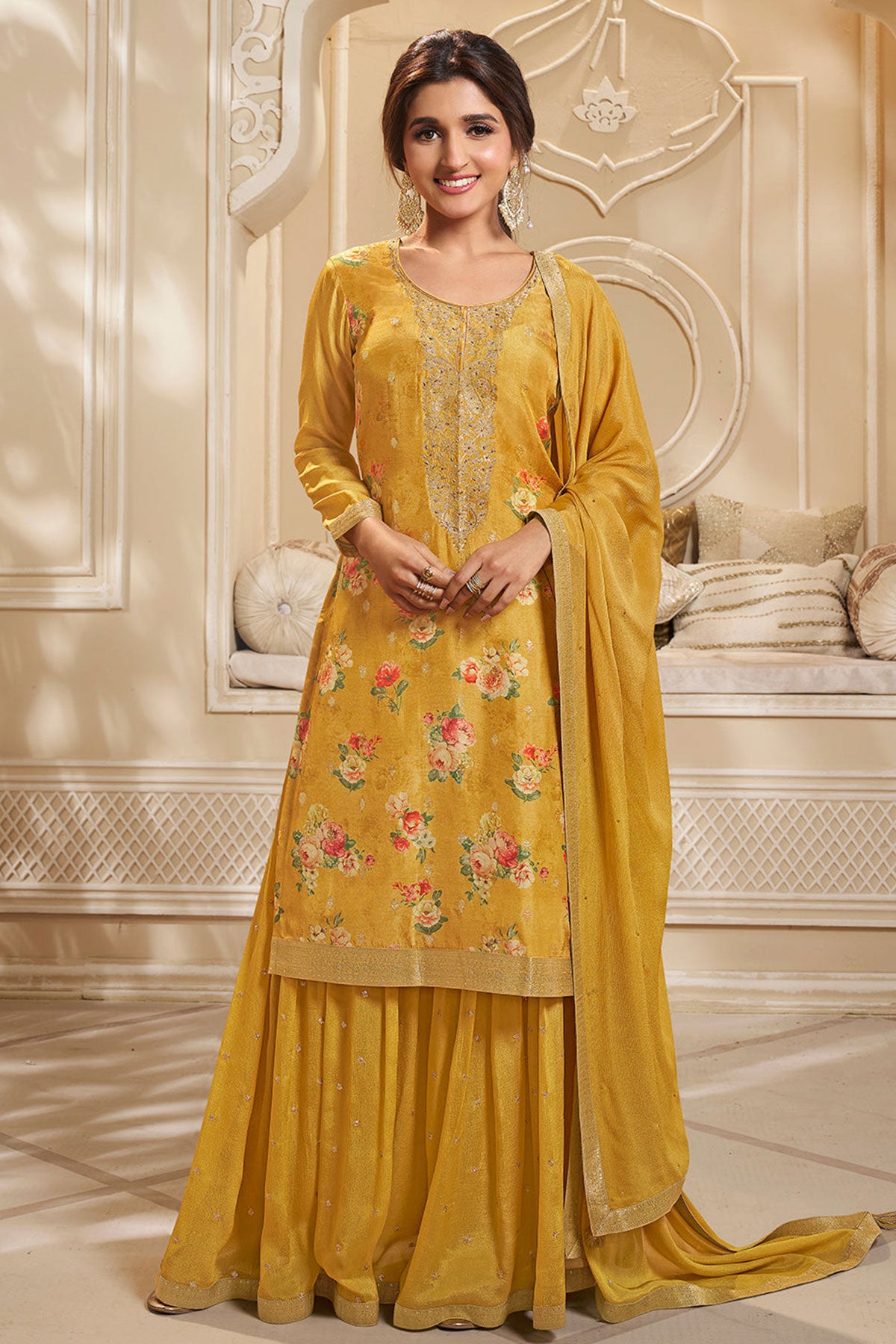 Mustard Dola Silk Cut- Dana Embroidered Floral Printed Suit Set