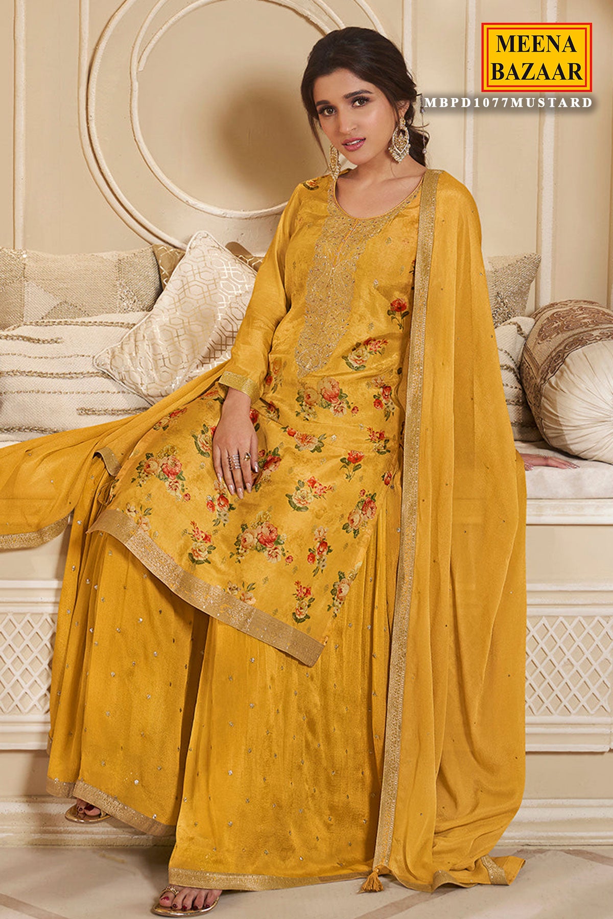 Mustard Dola Silk Cut- Dana Embroidered Floral Printed Suit Set