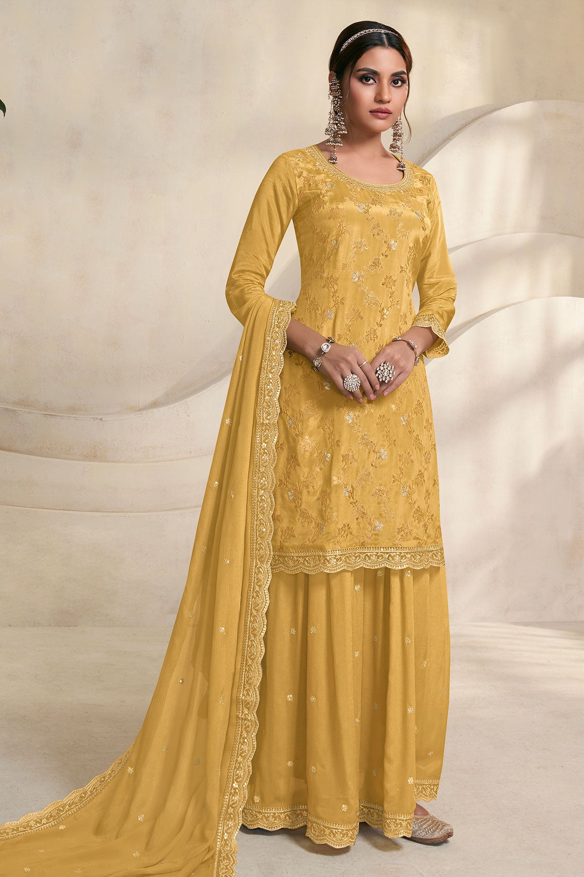 Mustard Chinon Jacquard Weave Embroidered Sharara Suit