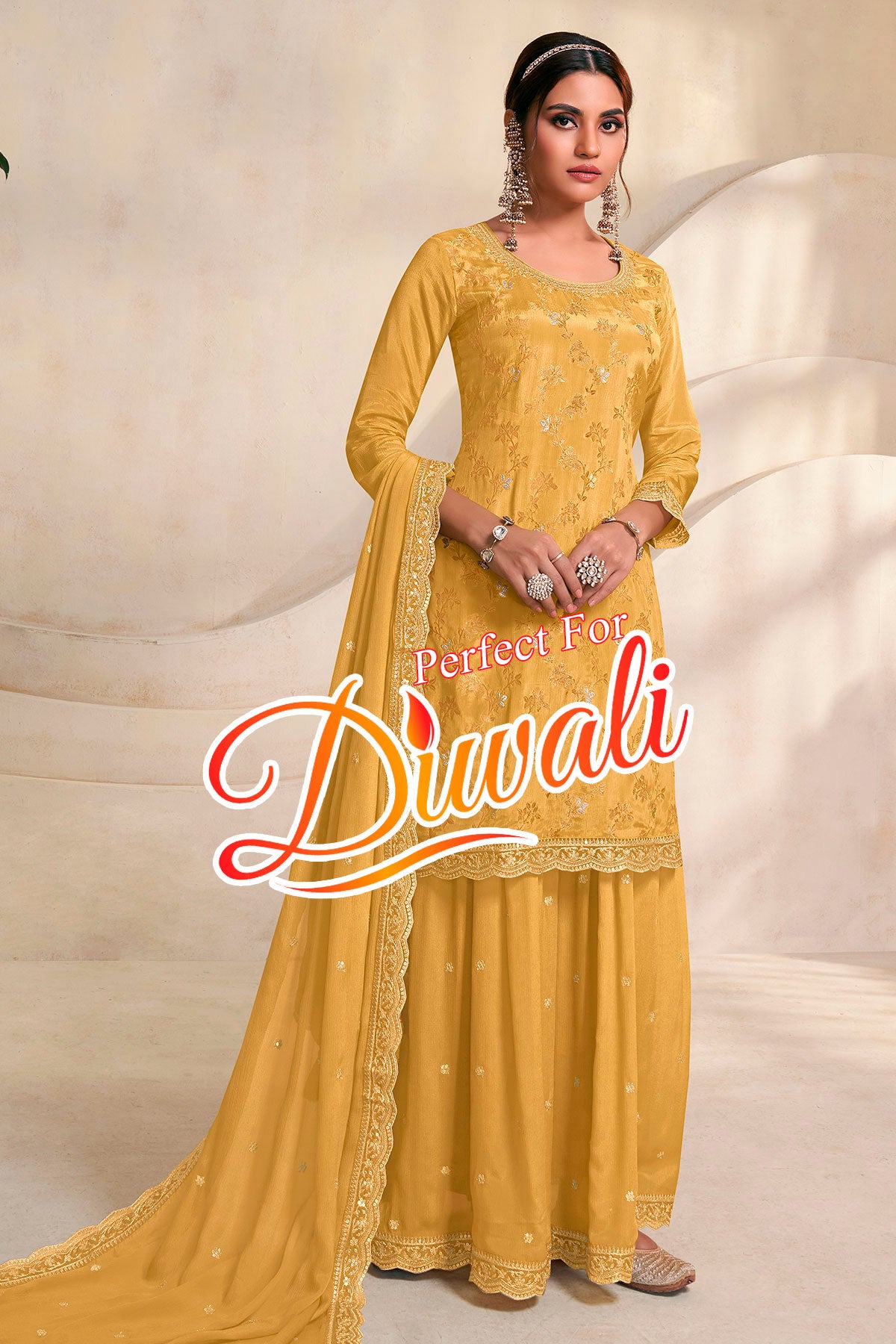 Mustard Chinon Jacquard Weave Embroidered Sharara Suit