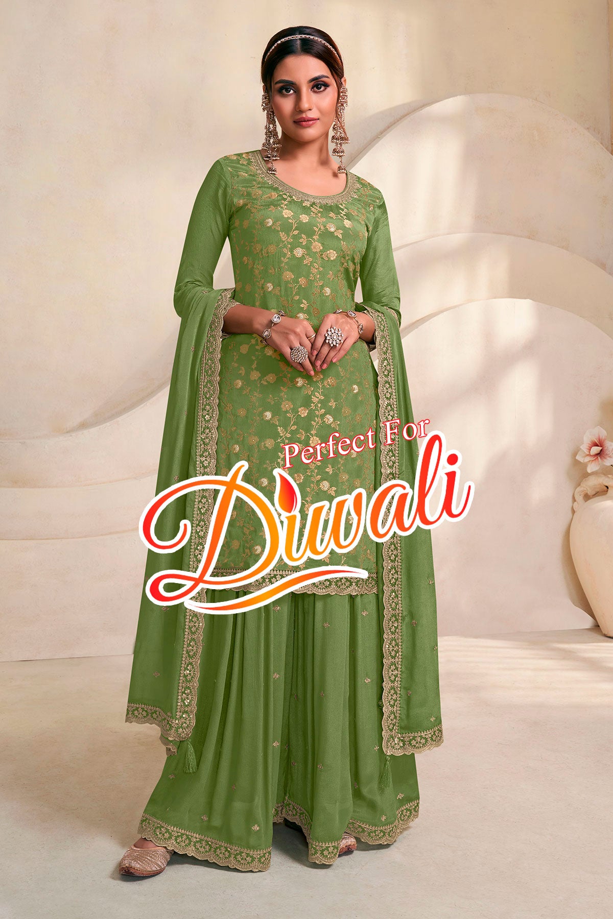 Green Chinon Jacquard Weave Embroidered Sharara Suit