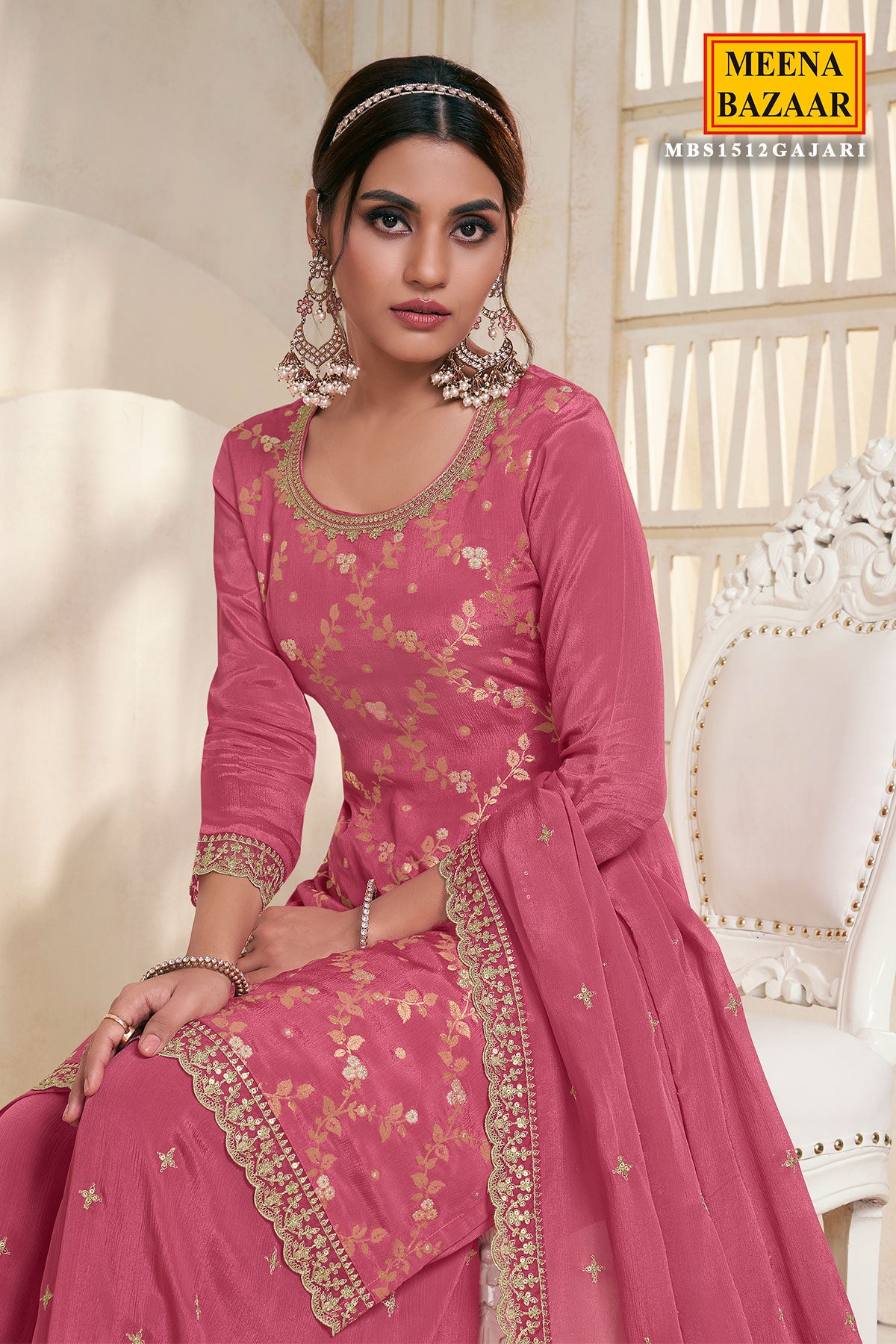 Gajari Chinon Jacquard Weave Embroidered Sharara Suit