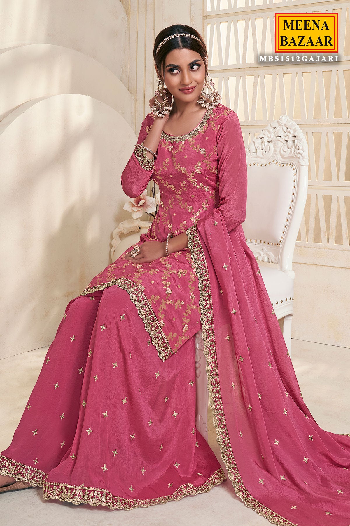 Gajari Chinon Jacquard Weave Embroidered Sharara Suit