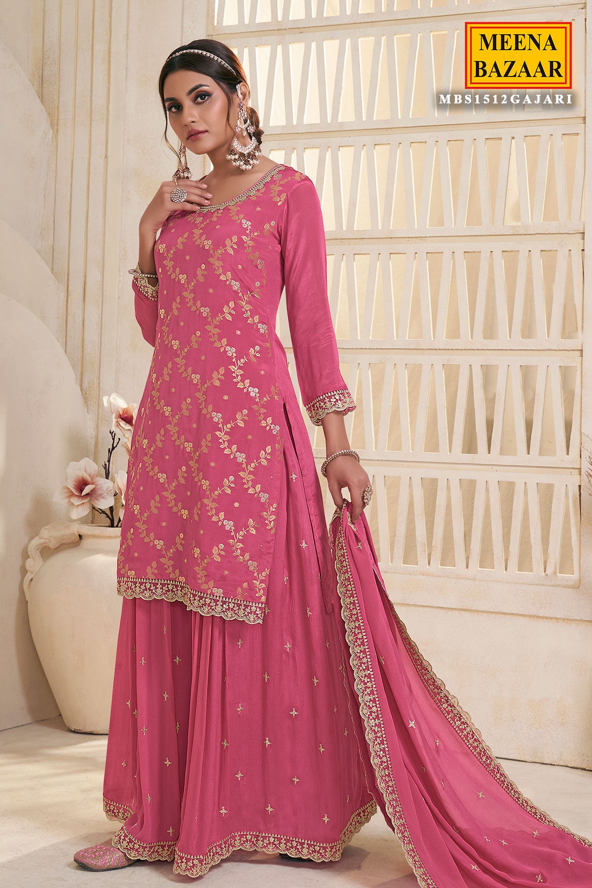 Gajari Chinon Jacquard Weave Embroidered Sharara Suit