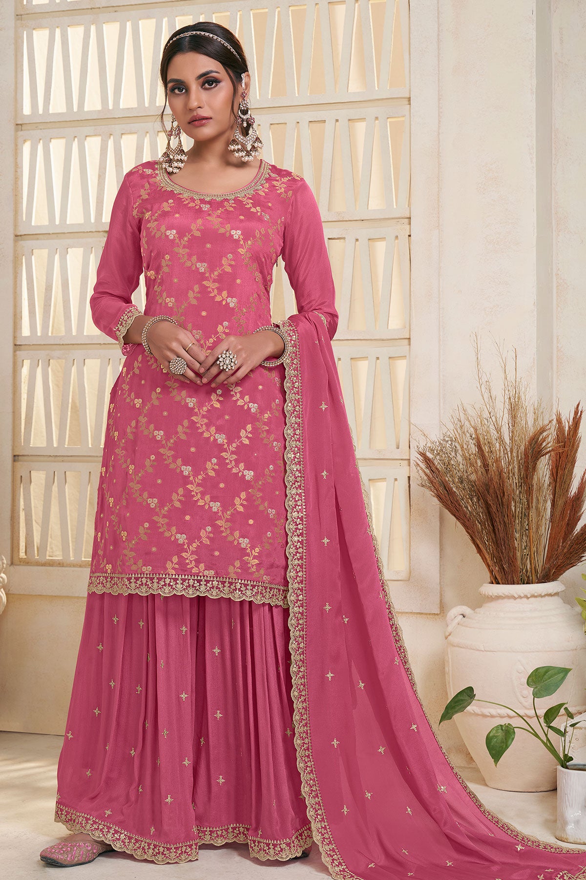 Gajari Chinon Jacquard Weave Embroidered Sharara Suit