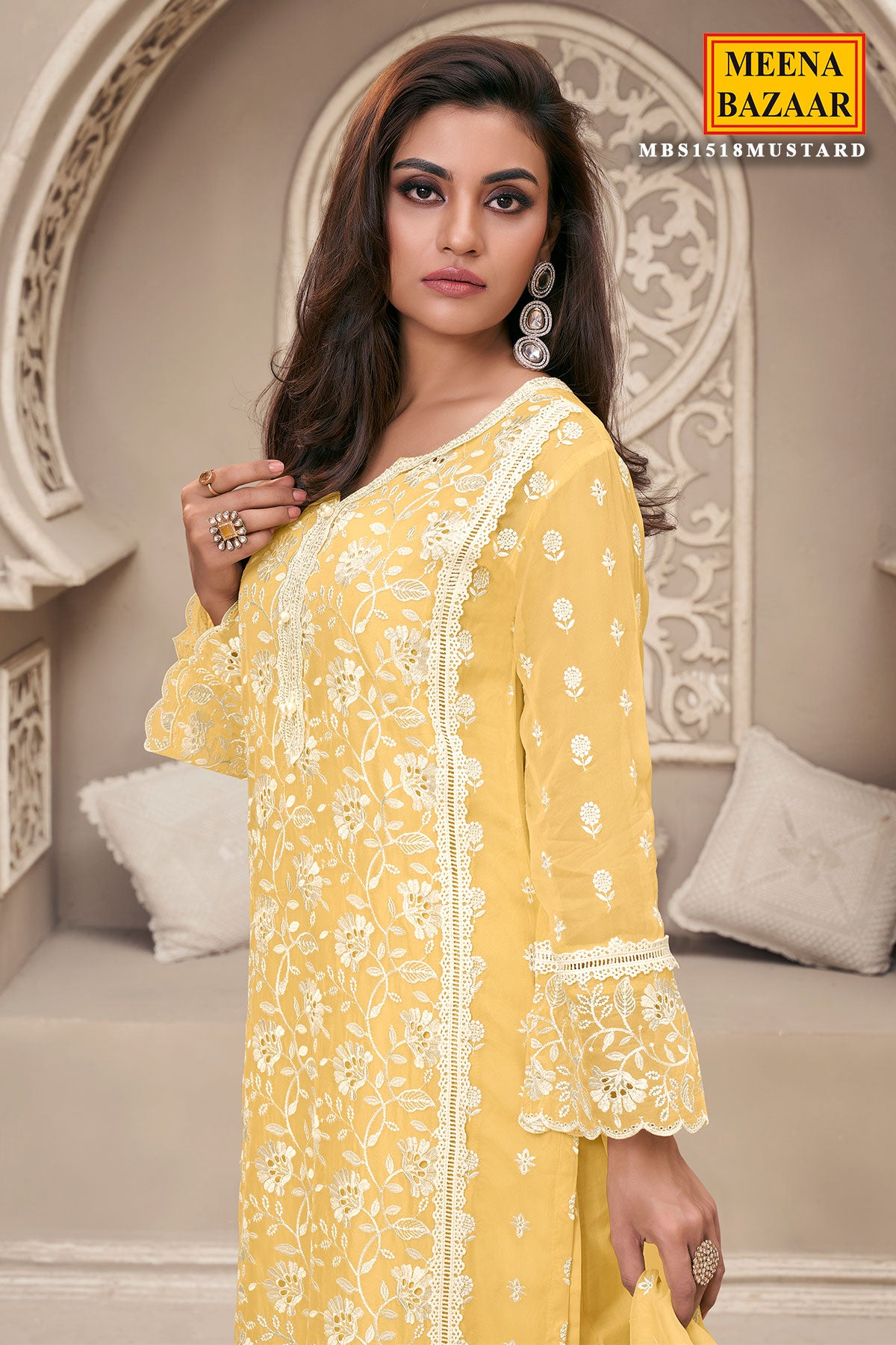 Yellow Organza Schiffili Embroidered Suit Set