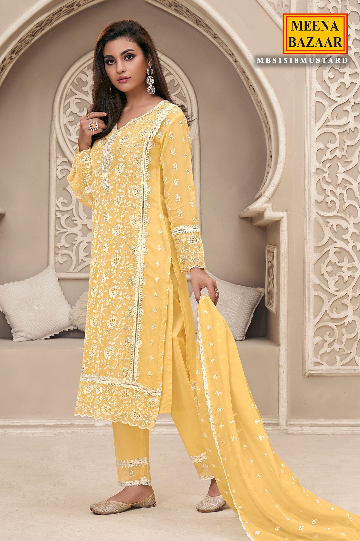 Yellow Organza Schiffili Embroidered Suit Set