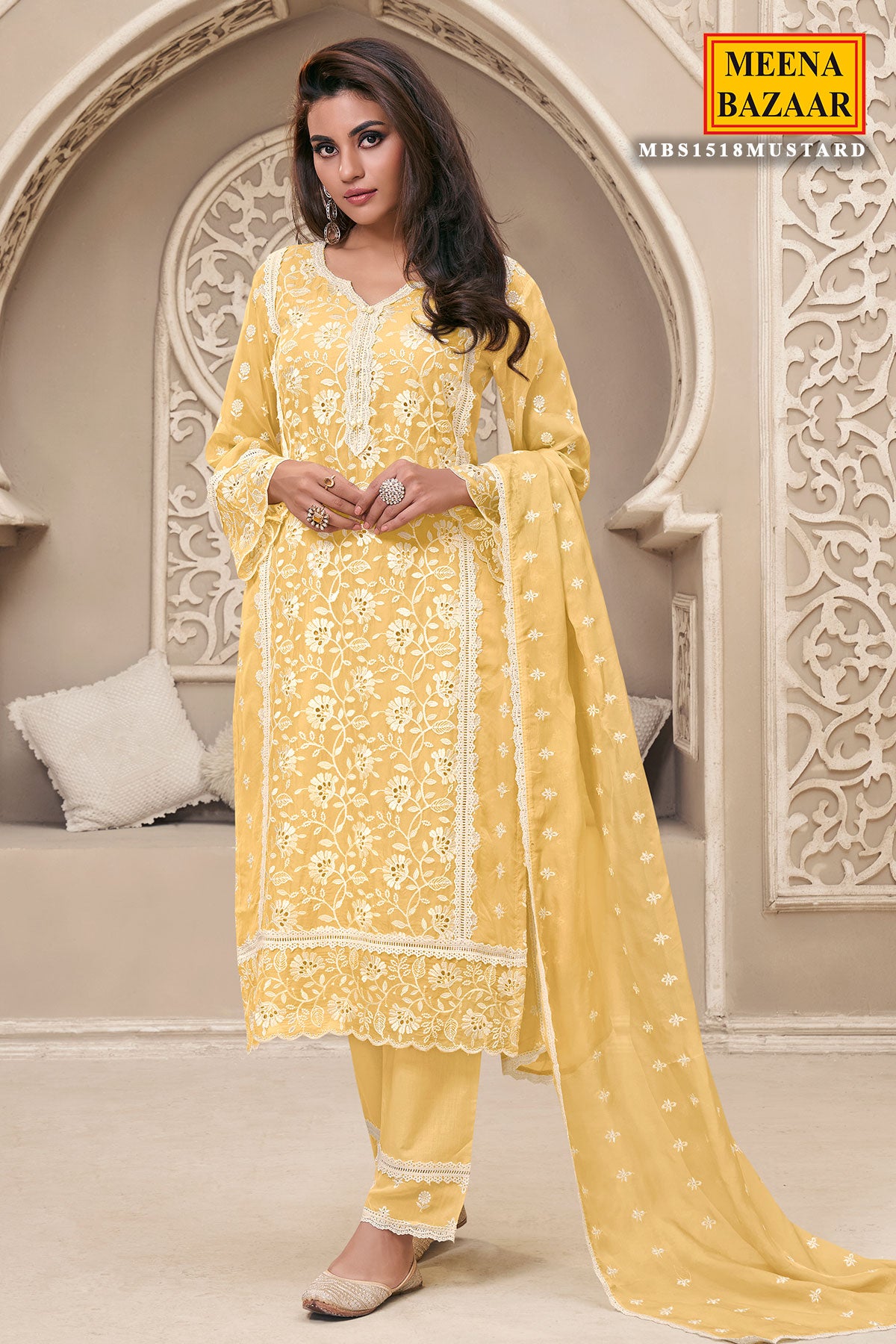 Yellow Organza Schiffili Embroidered Suit Set