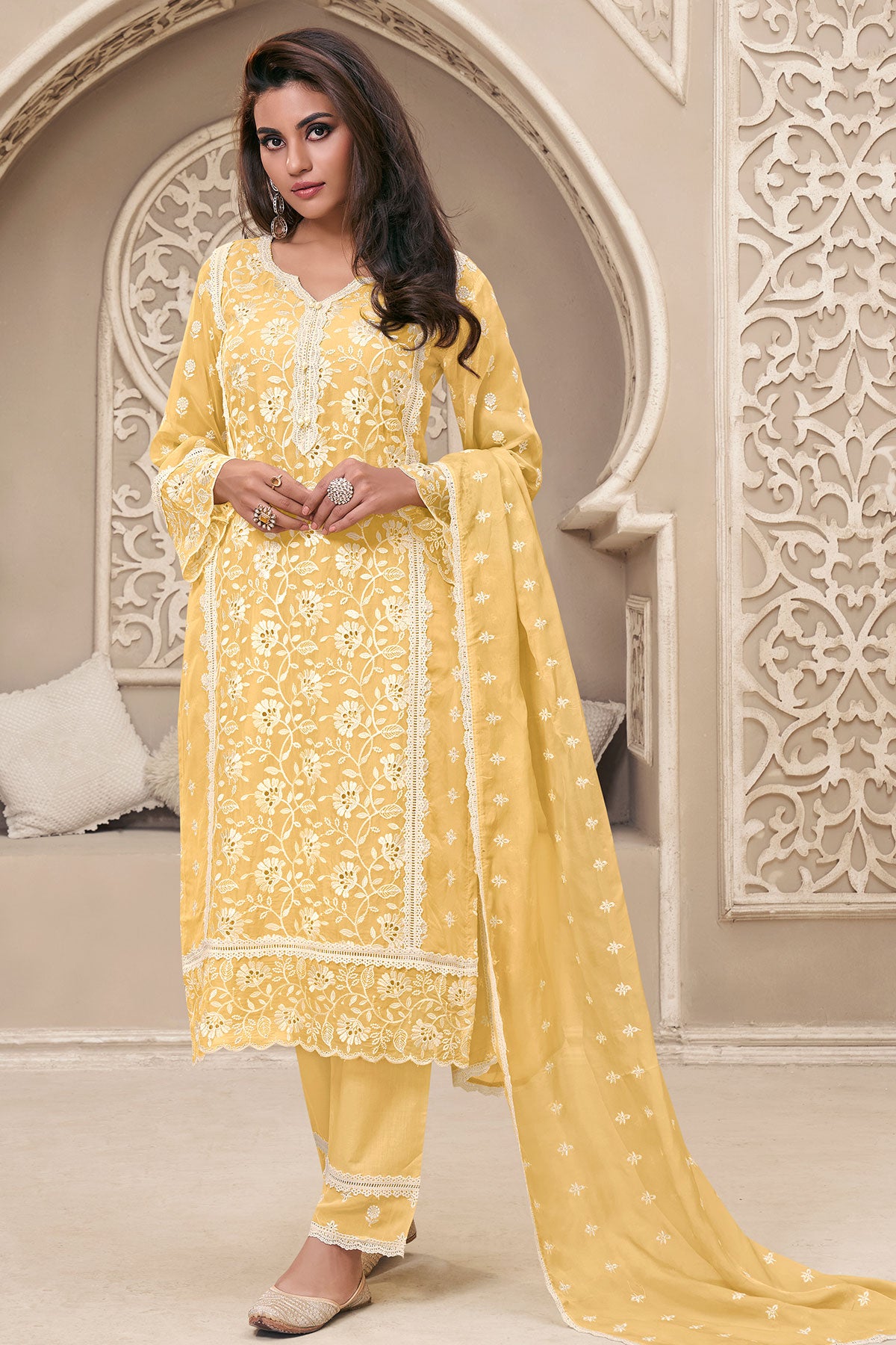 Yellow Organza Schiffili Embroidered Suit Set