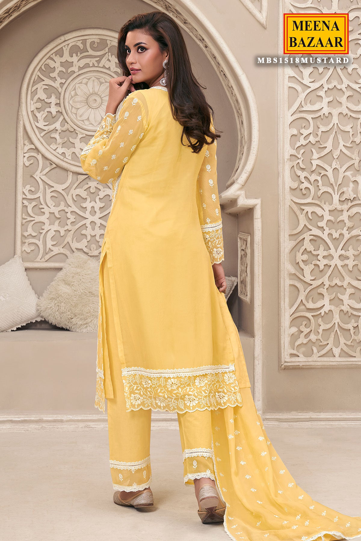 Yellow Organza Schiffili Embroidered Suit Set