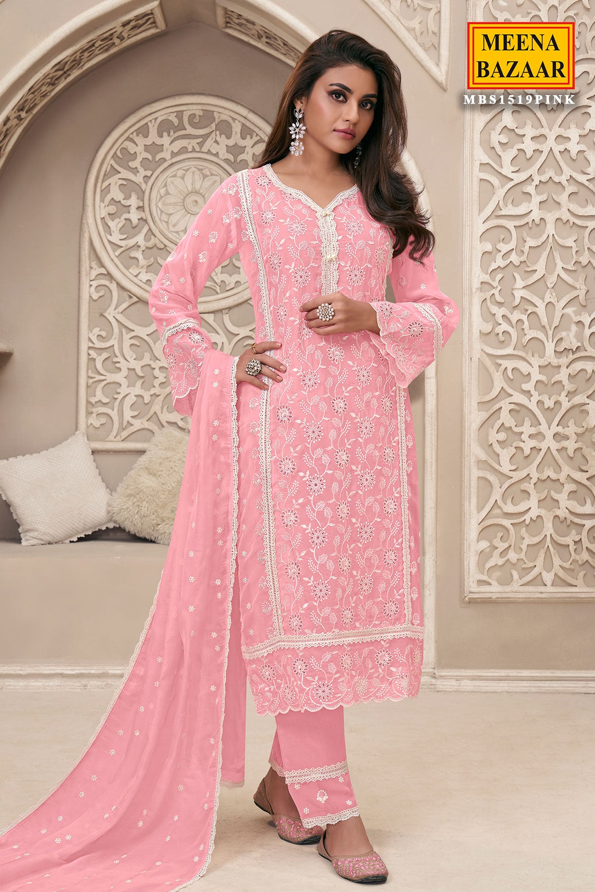 Pink Organza Schiffili Embroidered Suit Set