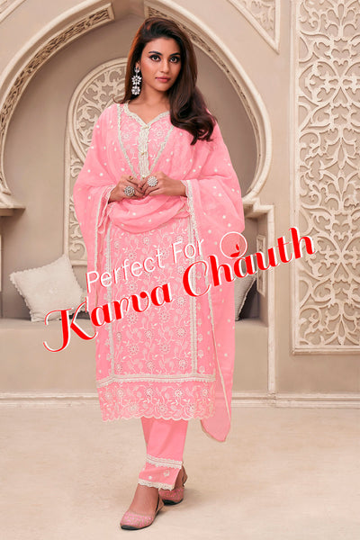 Pink Organza Schiffili Embroidered Suit Set