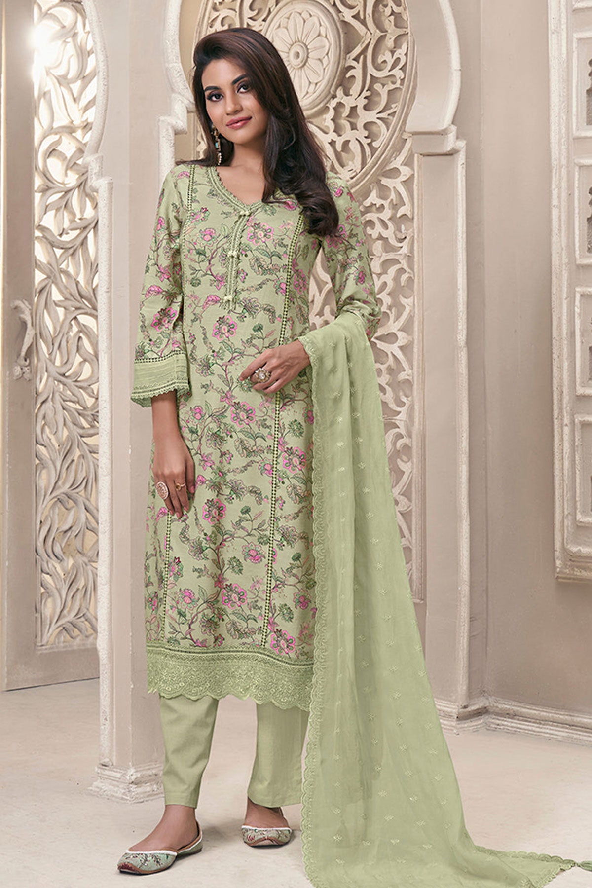 Pista Green Linen Cotton Floral Printed Shiffli Embroidered Kurta Set