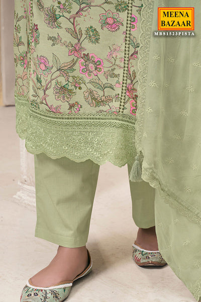 Pista Green Linen Cotton Floral Printed Shiffli Embroidered Kurta Set