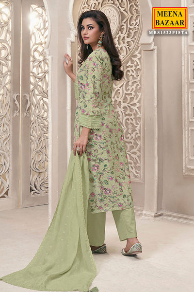 Pista Green Linen Cotton Floral Printed Shiffli Embroidered Kurta Set