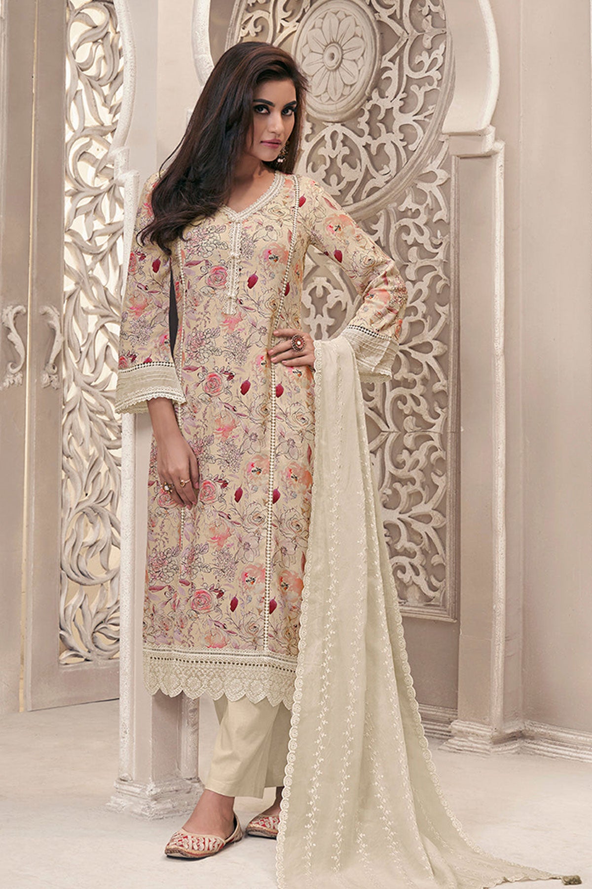 Cream Linen Cotton Floral Printed Shiffli Embroidered Kurta Set