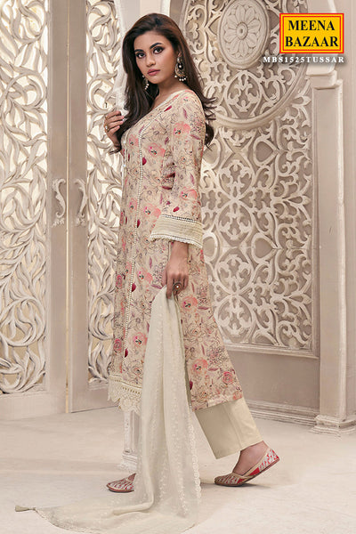 Cream Linen Cotton Floral Printed Shiffli Embroidered Kurta Set