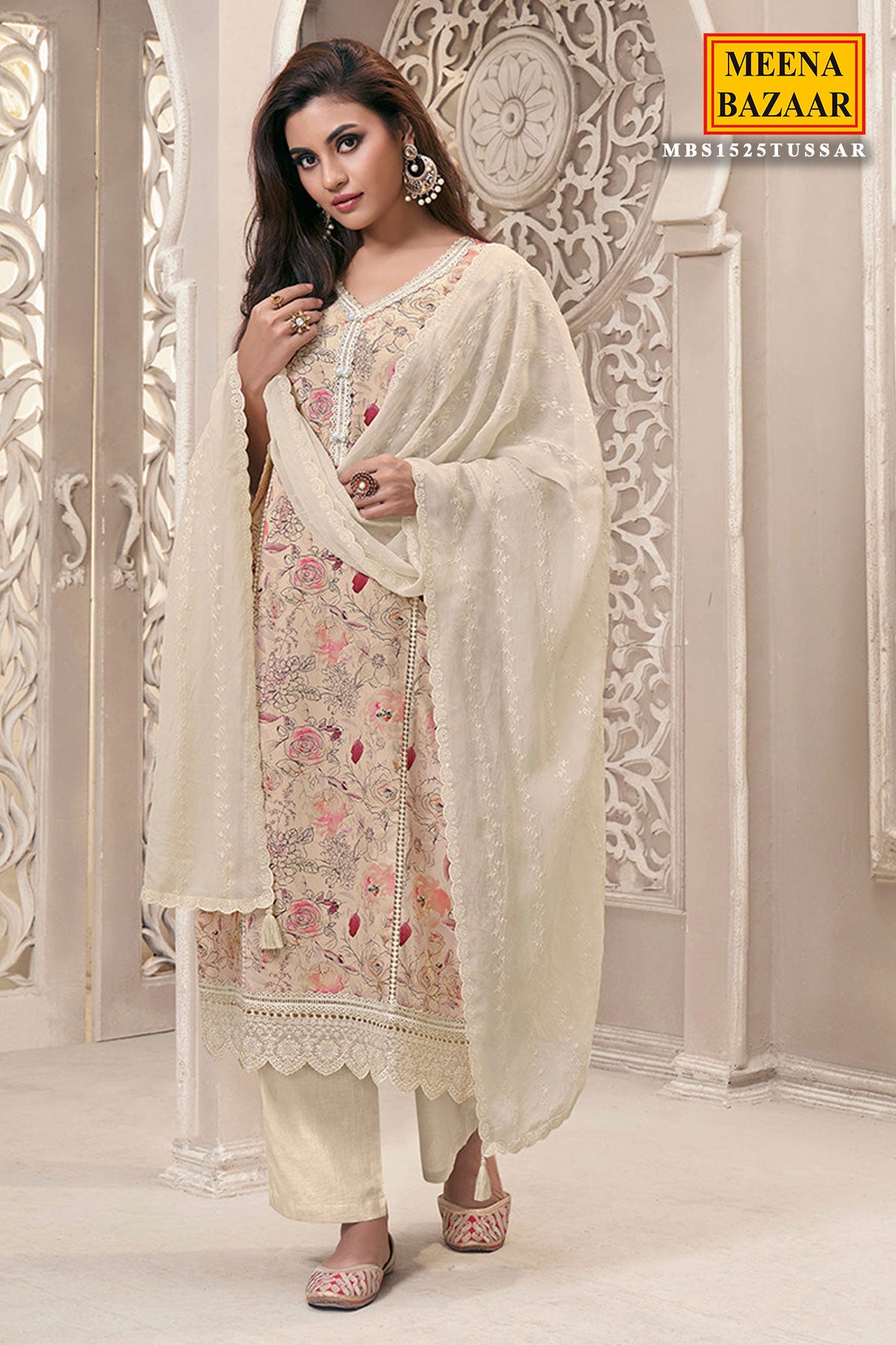 Cream Linen Cotton Floral Printed Shiffli Embroidered Kurta Set