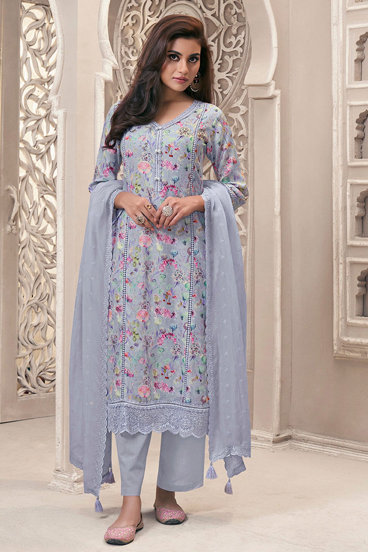 Grey Linen Cotton Floral Printed Shiffli Embroidered Kurta Set