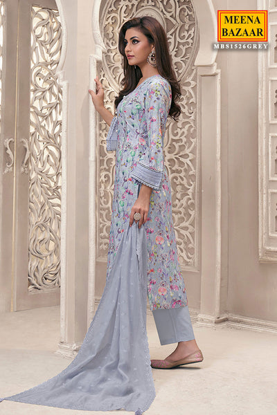 Grey Linen Cotton Floral Printed Shiffli Embroidered Kurta Set