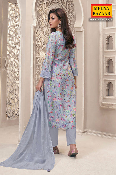 Grey Linen Cotton Floral Printed Shiffli Embroidered Kurta Set