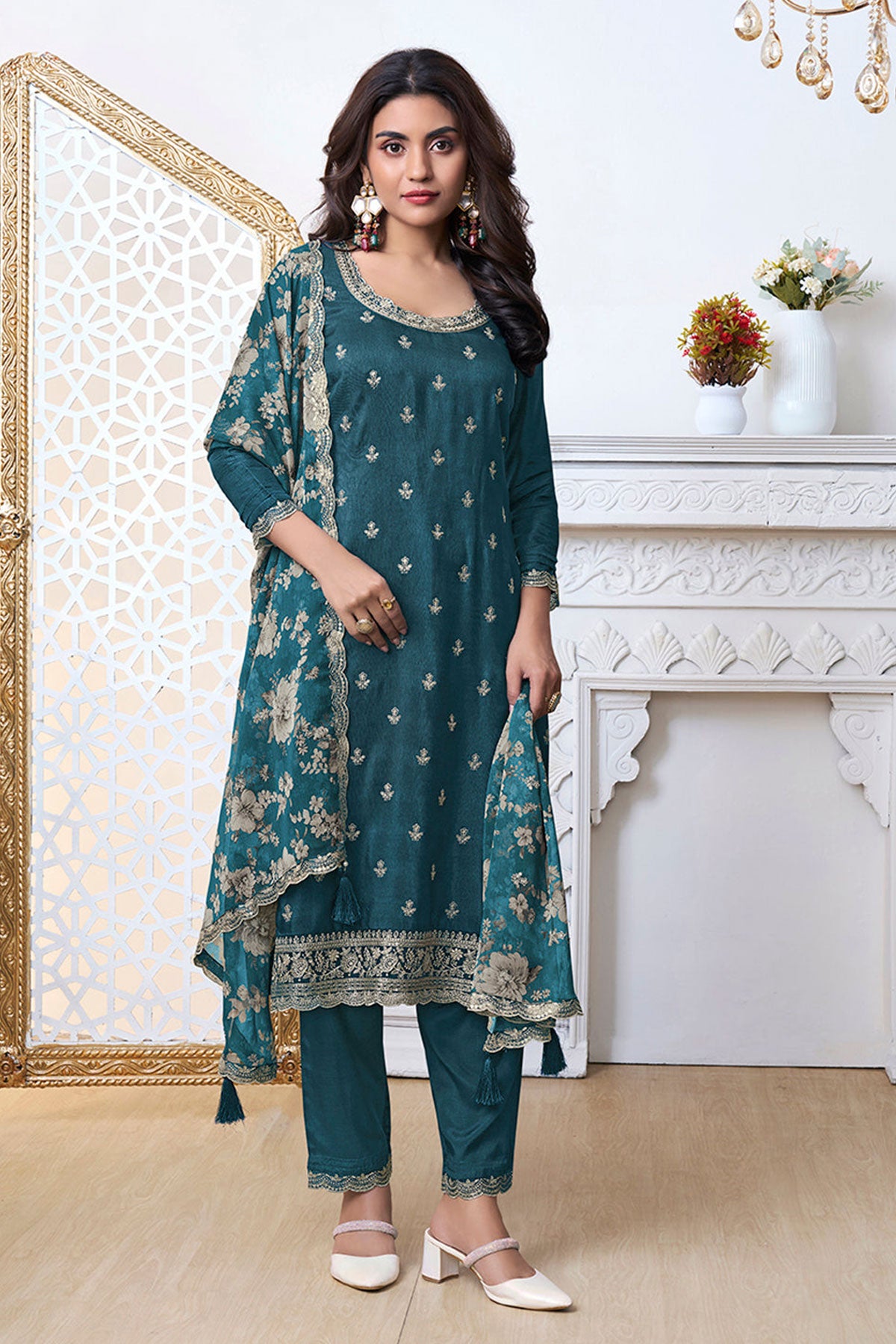 Blue Cutwork Neck Embroidered Dola Silk Suit Set