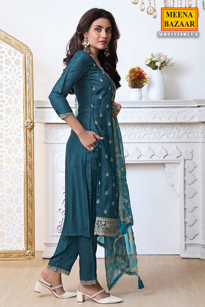 Blue Cutwork Neck Embroidered Dola Silk Suit Set