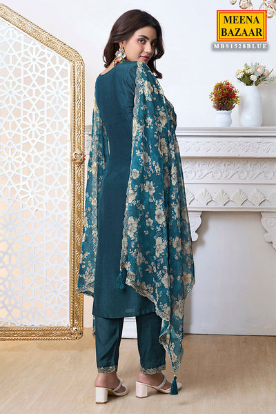 Blue Cutwork Neck Embroidered Dola Silk Suit Set