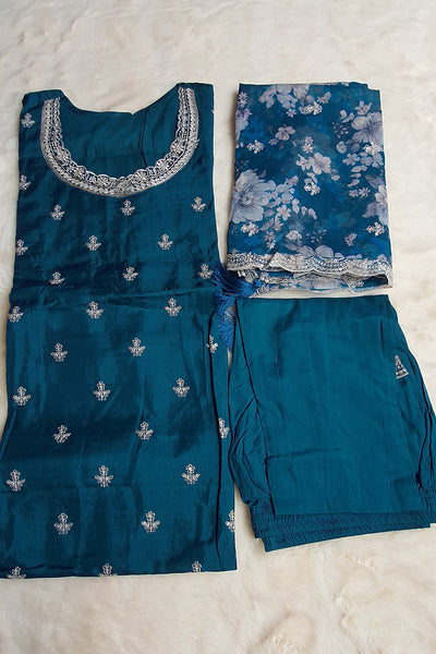 Blue Cutwork Neck Embroidered Dola Silk Suit Set