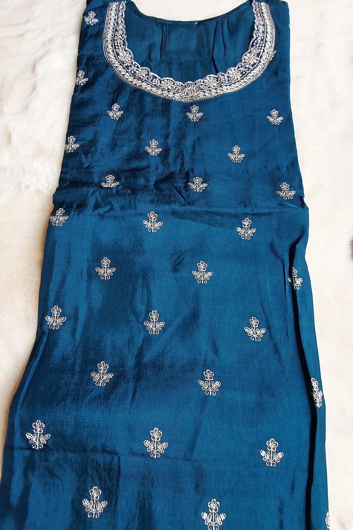 Blue Cutwork Neck Embroidered Dola Silk Suit Set