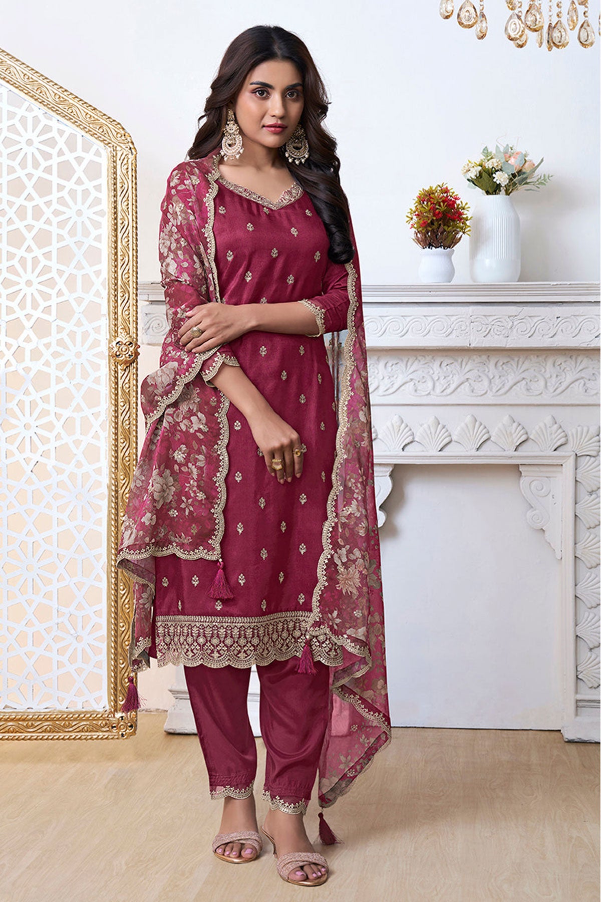 Maroon Cutwork Neck Embroidered Dola Silk Suit Set