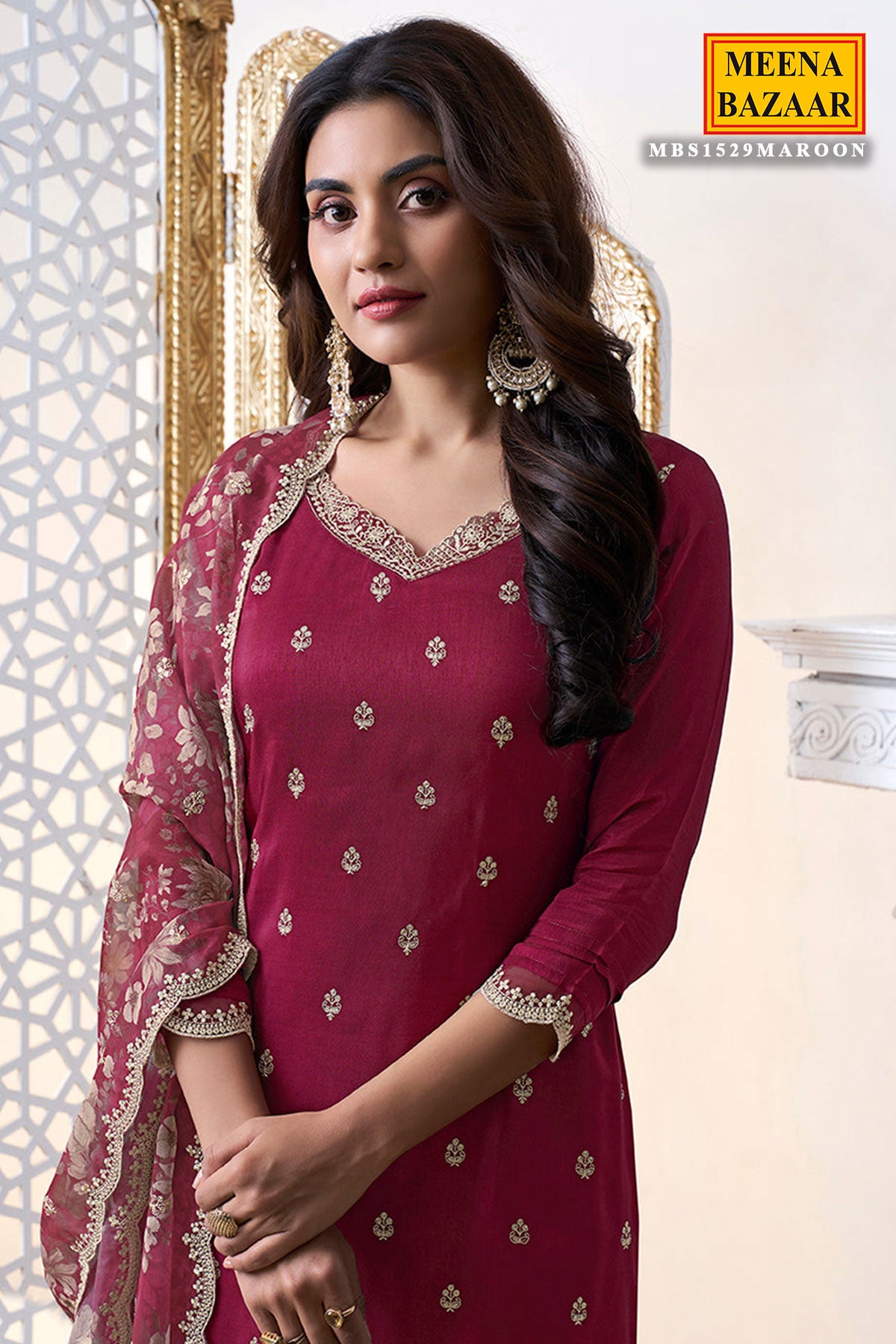 Maroon Cutwork Neck Embroidered Dola Silk Suit Set