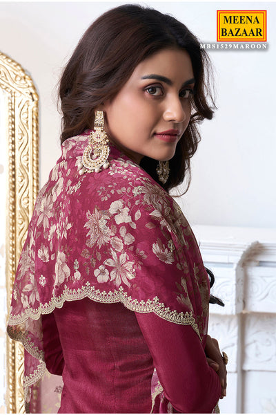 Maroon Cutwork Neck Embroidered Dola Silk Suit Set