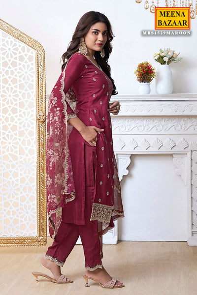 Maroon Cutwork Neck Embroidered Dola Silk Suit Set