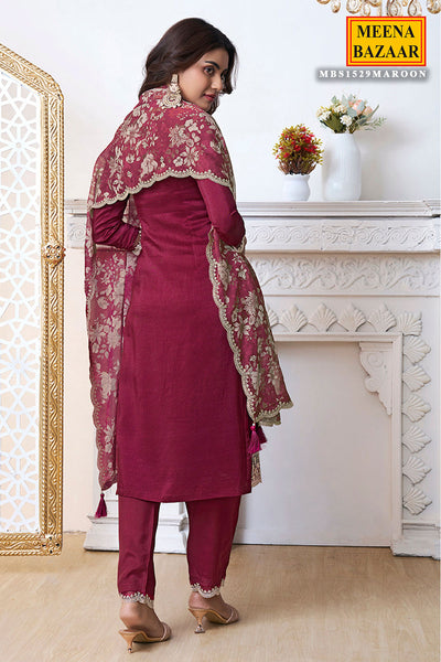 Maroon Cutwork Neck Embroidered Dola Silk Suit Set