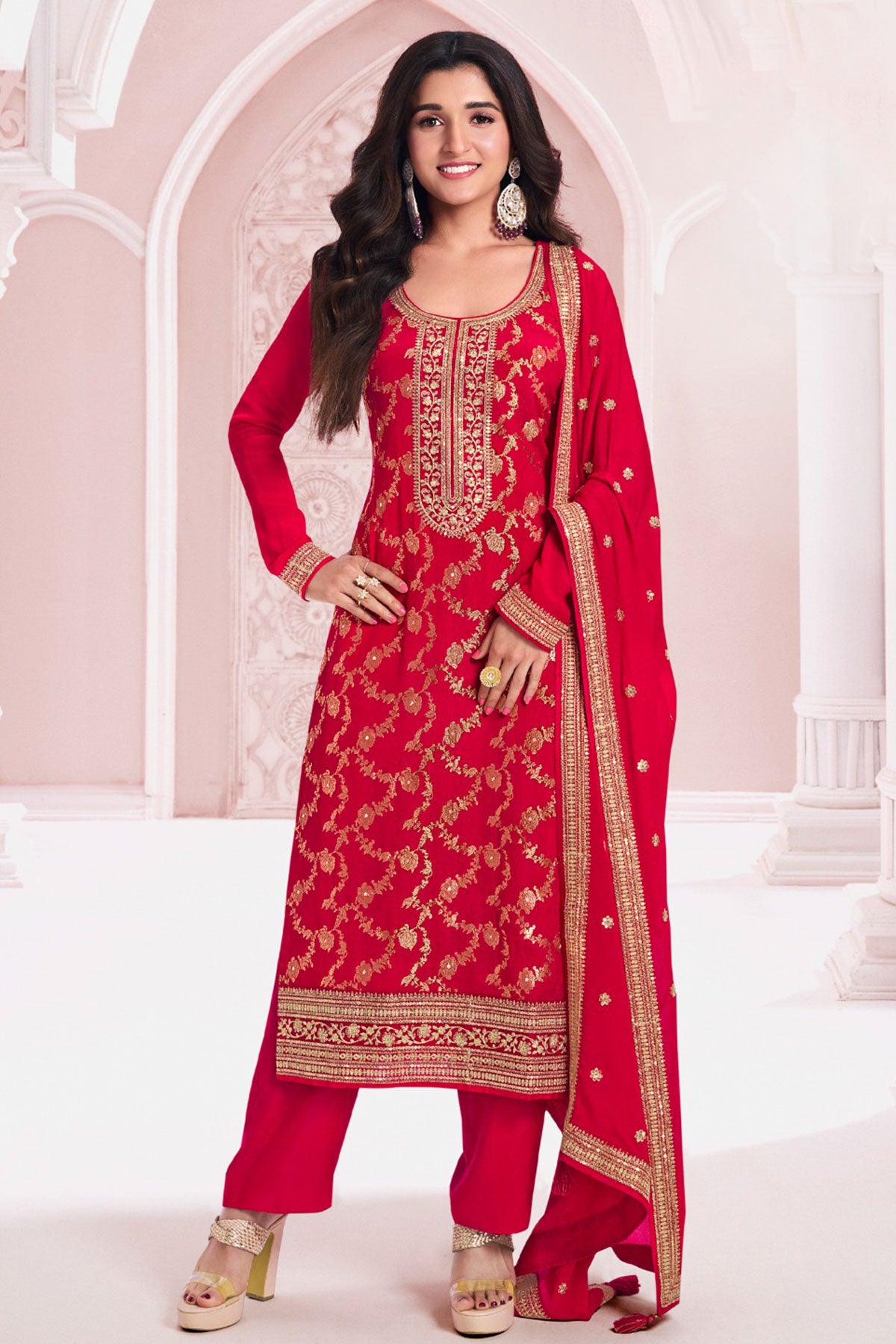 Red Chinon Floral Jacquard Weave Embroidered Suit Set