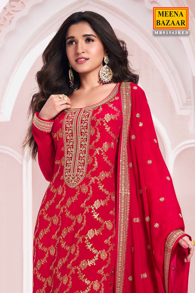 Red Chinon Floral Jacquard Weave Embroidered Suit Set