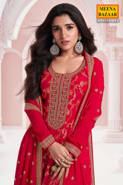 Red Chinon Floral Jacquard Weave Embroidered Suit Set