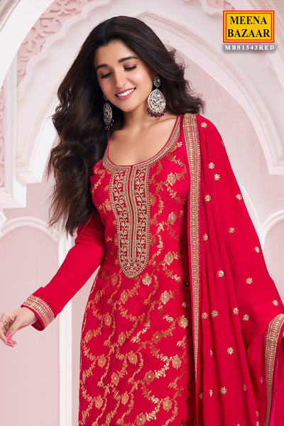 Red Chinon Floral Jacquard Weave Embroidered Suit Set